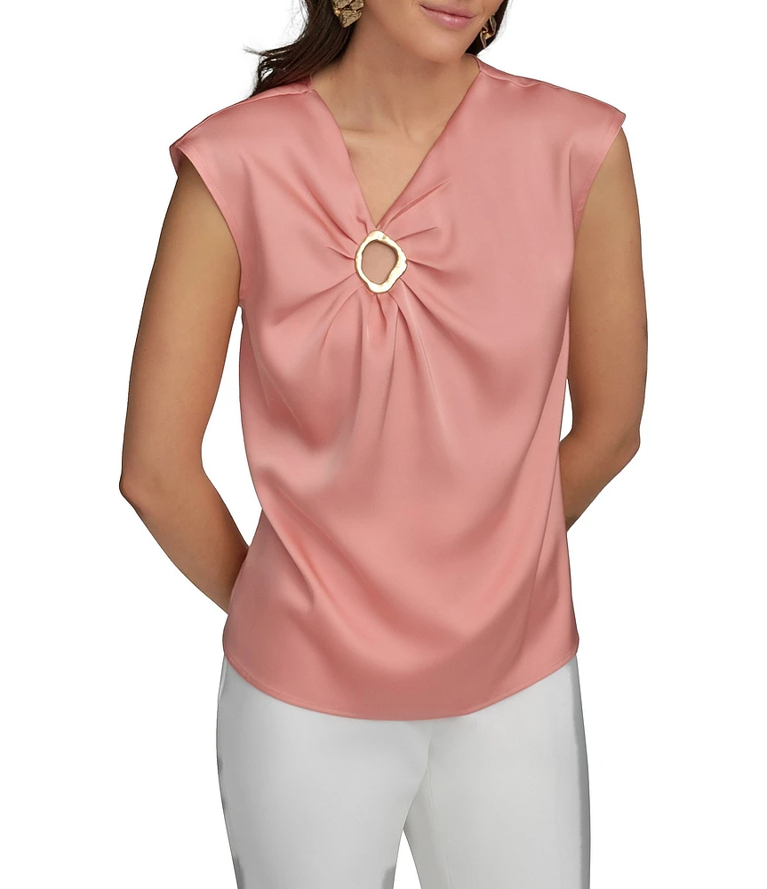 Donna Karan Cap Sleeve Gold Hardware Keyhole Blouse
