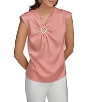 Donna Karan Cap Sleeve Gold Hardware Keyhole Blouse