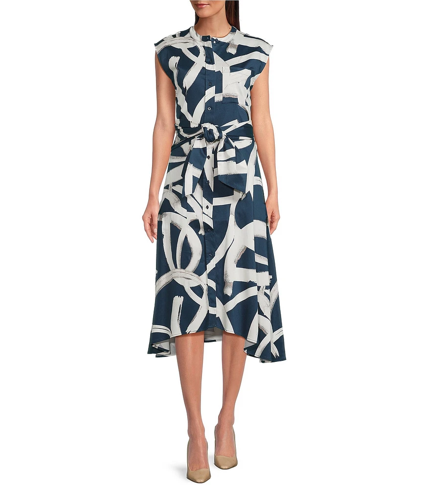Donna Karan Cap Sleeve Tie Front Midi Shirt Dress