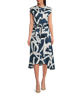 Donna Karan Cap Sleeve Tie Front Midi Shirt Dress
