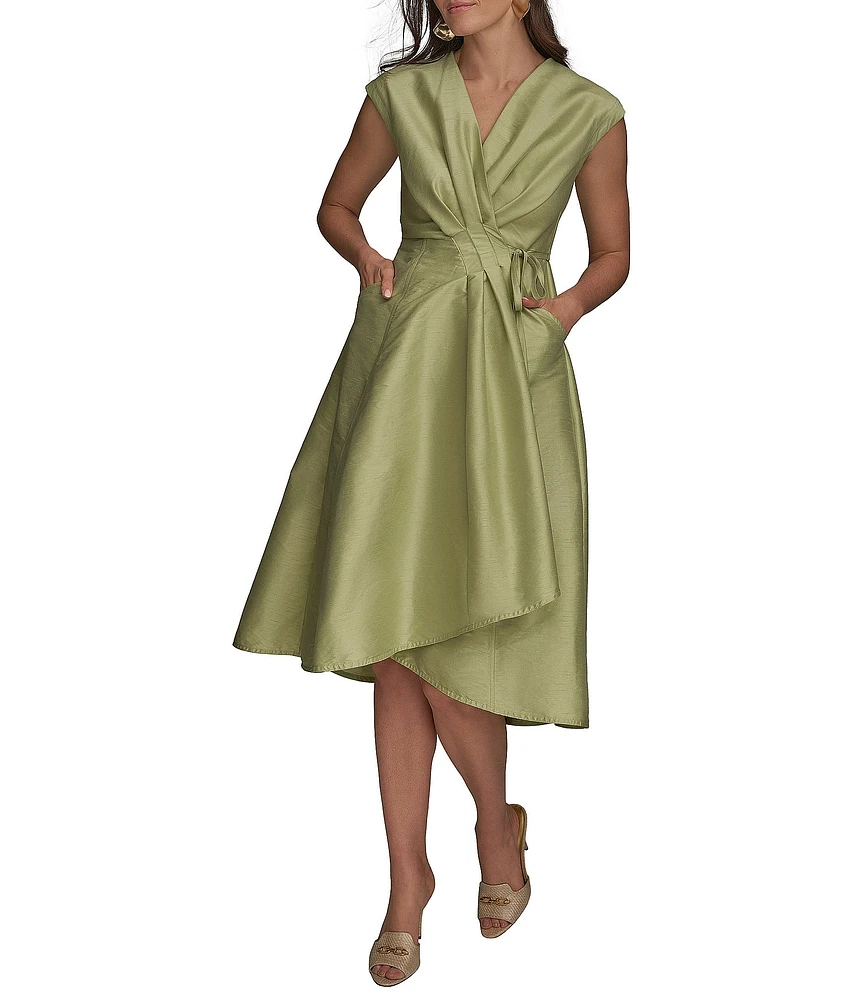 Donna Karan Cap Sleeve V-Neck Organza Wrap Dress