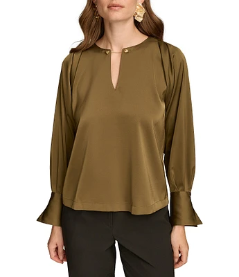 Donna Karan Chain Hardware Split-V Neck Long Sleeve Blouse