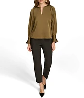 Donna Karan Chain Hardware Split-V Neck Long Sleeve Blouse