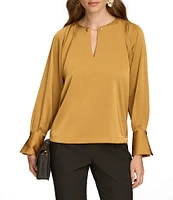 Donna Karan Chain Hardware Split-V Neck Long Sleeve Blouse