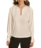 Donna Karan Chain Hardware Split-V Neck Long Sleeve Blouse