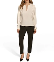 Donna Karan Chain Hardware Split-V Neck Long Sleeve Blouse