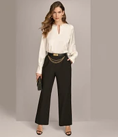 Donna Karan Chain Hardware Split-V Neck Long Sleeve Blouse