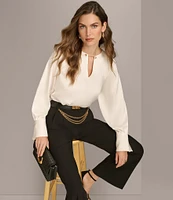 Donna Karan Chain Hardware Split-V Neck Long Sleeve Blouse