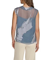 Donna Karan Charmeuse Burnout Ruched Mock Neck Pleated Shoulder Sleeveless Top