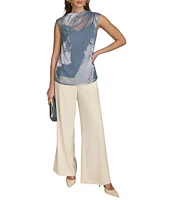 Donna Karan Charmeuse Burnout Ruched Mock Neck Pleated Shoulder Sleeveless Top