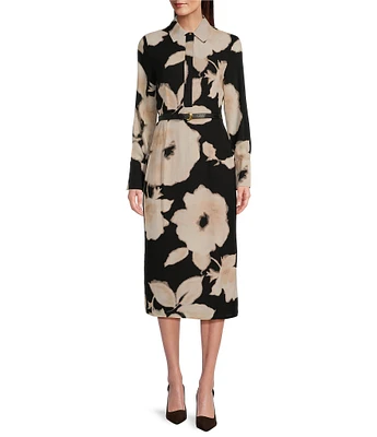 Donna Karan Chiffon Collared V-Neck Long Sleeve Belted Sheath Midi Dress