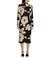 Donna Karan Chiffon Collared V-Neck Long Sleeve Belted Sheath Midi Dress