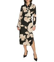 Donna Karan Chiffon Collared V-Neck Long Sleeve Belted Sheath Midi Dress