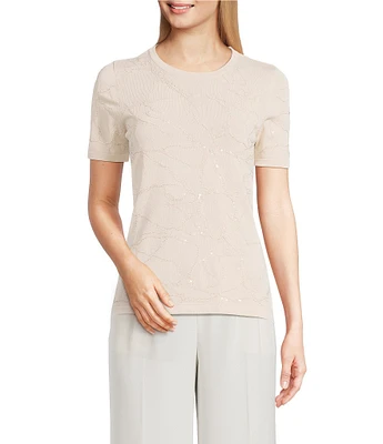 Donna Karan Clear Sequin Embellished Short Sleeve Top
