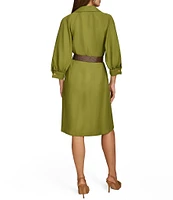 Donna Karan Collared Neck 3/4 Sleeve Belted Linen Sheath Dress