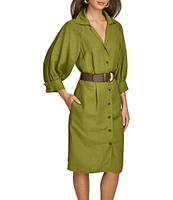 Donna Karan Collared Neck 3/4 Sleeve Belted Linen Sheath Dress