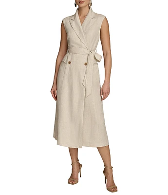 Donna Karan Collared Neck Cap Sleeve Tie Sash Button Front Linen Blend A-Line Midi Dress