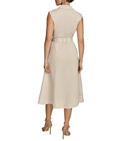 Donna Karan Collared Neck Cap Sleeve Tie Sash Button Front Linen Blend A-Line Midi Dress