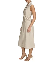 Donna Karan Collared Neck Cap Sleeve Tie Sash Button Front Linen Blend A-Line Midi Dress