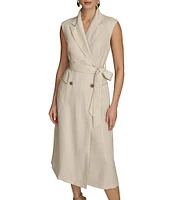 Donna Karan Collared Neck Cap Sleeve Tie Sash Button Front Linen Blend A-Line Midi Dress