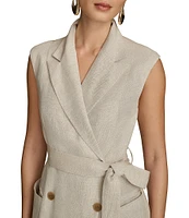Donna Karan Collared Neck Cap Sleeve Tie Sash Button Front Linen Blend A-Line Midi Dress