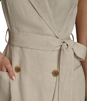 Donna Karan Collared Neck Cap Sleeve Tie Sash Button Front Linen Blend A-Line Midi Dress