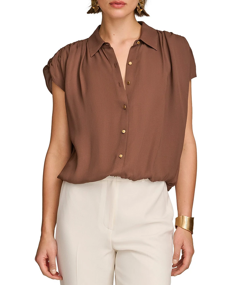 Donna Karan Collared Neckline Ruched Cap Sleeve Blouse