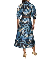 Donna Karan Collared Puff Elbow Sleeve Belted Dupioni A-Line Midi Dress