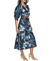 Donna Karan Collared Puff Elbow Sleeve Belted Dupioni A-Line Midi Dress