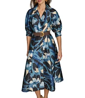 Donna Karan Collared Puff Elbow Sleeve Belted Dupioni A-Line Midi Dress