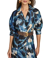 Donna Karan Collared Puff Elbow Sleeve Belted Dupioni A-Line Midi Dress