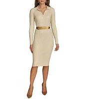 Donna Karan Collared V-Neck Long Sleeve Belted Sweater Dress