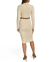 Donna Karan Collared V-Neck Long Sleeve Belted Sweater Dress