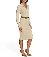 Donna Karan Collared V-Neck Long Sleeve Belted Sweater Dress