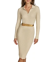 Donna Karan Collared V-Neck Long Sleeve Belted Sweater Dress