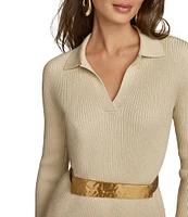 Donna Karan Collared V-Neck Long Sleeve Belted Sweater Dress