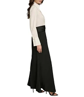 Donna Karan Collared V-Neck Long Sleeve Fit and Flare Gown