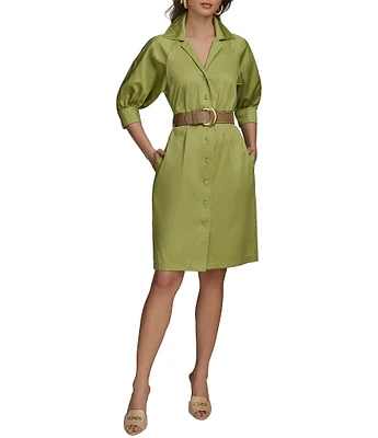 Donna Karan Cotton Sateen Belted Shirt Dress