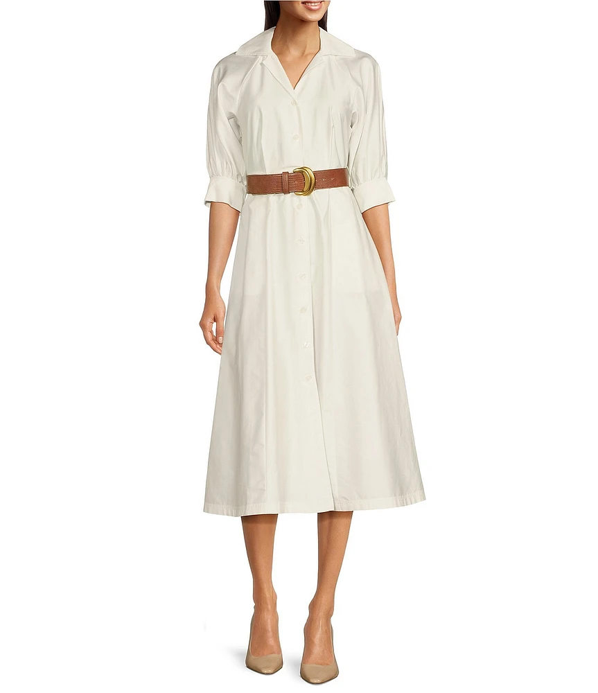 Donna Karan Cotton Sateen Collared Neck Short Sleeve Belted Midi Shirt Dress
