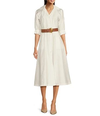 Donna Karan Cotton Sateen Collared Neck Short Sleeve Belted Midi Shirt Dress