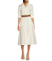 Donna Karan Cotton Sateen Collared Neck Short Sleeve Belted Midi Shirt Dress