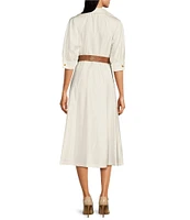 Donna Karan Cotton Sateen Collared Neck Short Sleeve Belted Midi Shirt Dress