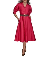 Donna Karan Cotton Sateen Collared Neck Short Sleeve Belted Midi Shirt Dress