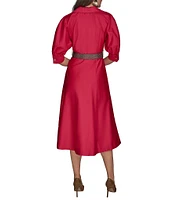 Donna Karan Cotton Sateen Collared Neck Short Sleeve Belted Midi Shirt Dress