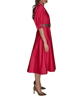 Donna Karan Cotton Sateen Collared Neck Short Sleeve Belted Midi Shirt Dress