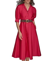Donna Karan Cotton Sateen Collared Neck Short Sleeve Belted Midi Shirt Dress