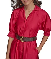 Donna Karan Cotton Sateen Collared Neck Short Sleeve Belted Midi Shirt Dress