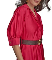 Donna Karan Cotton Sateen Collared Neck Short Sleeve Belted Midi Shirt Dress