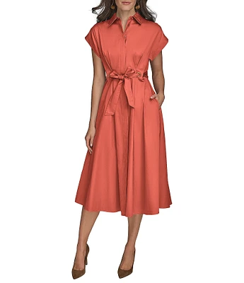 Donna Karan Cotton Sateen Collared Neck Short Sleeve Tie Sash Belt Midi Shirt Dress