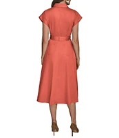 Donna Karan Cotton Sateen Collared Neck Short Sleeve Tie Sash Belt Midi Shirt Dress